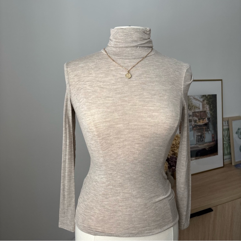 MANGO Sheer Beige Turtleneck Long Sleeve Top